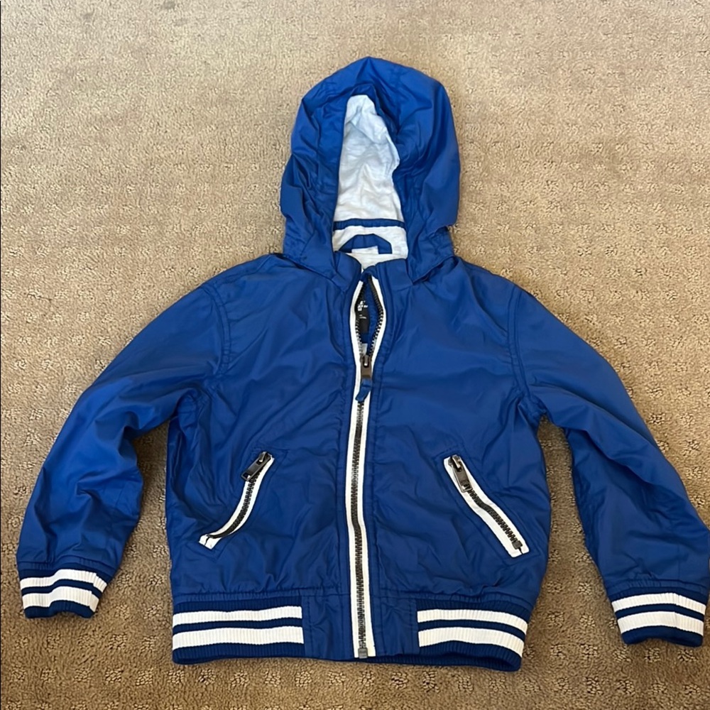 Blue Hooded Jacket with White Stripes